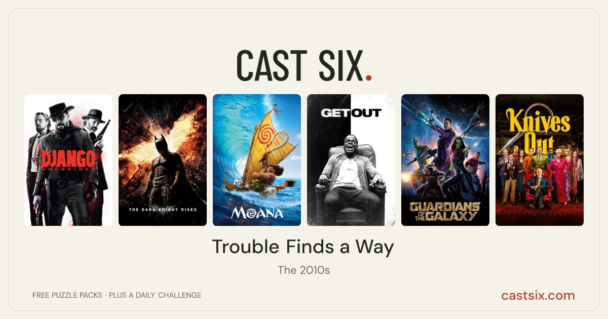 Trouble Finds a Way: a Cast Six movie puzzle. Six movie posters in a row: Django Unchained, The Dark Knight Rises, Moana, Get Out, Guardians of the Galaxy, Knives Out. Six movies, six categories, three checks. Free to play at castsix.com.