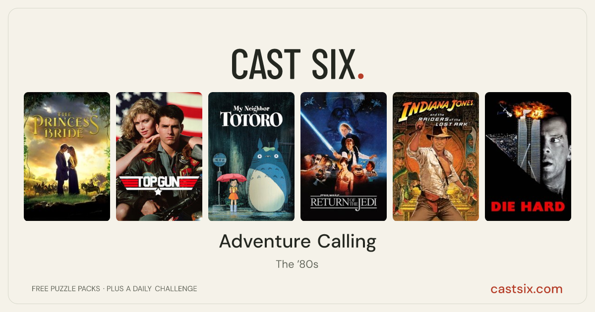 Adventure Calling: a Cast Six movie puzzle. Six movie posters in a row: The Princess Bride, Top Gun, My Neighbor Totoro, Return of the Jedi, Raiders of the Lost Ark, Die Hard. Six movies, six categories, three checks. Free to play at castsix.com.