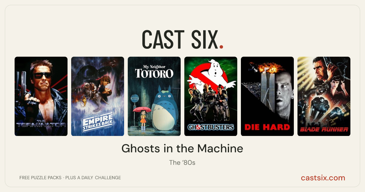 Ghosts in the Machine: a Cast Six movie puzzle. Six movie posters in a row: The Terminator, The Empire Strikes Back, My Neighbor Totoro, Ghostbusters, Die Hard, Blade Runner. Six movies, six categories, three checks. Free to play at castsix.com.