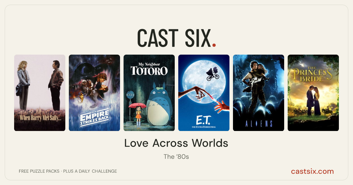 Love Across Worlds: a Cast Six movie puzzle. Six movie posters in a row: When Harry Met Sally..., The Empire Strikes Back, My Neighbor Totoro, E.T. the Extra-Terrestrial, Aliens, The Princess Bride. Six movies, six categories, three checks. Free to play at castsix.com.