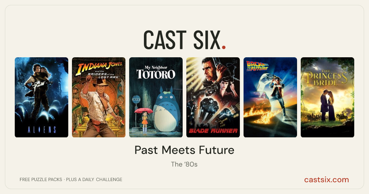 Past Meets Future: a Cast Six movie puzzle. Six movie posters in a row: Aliens, Raiders of the Lost Ark, My Neighbor Totoro, Blade Runner, Back to the Future, The Princess Bride. Six movies, six categories, three checks. Free to play at castsix.com.