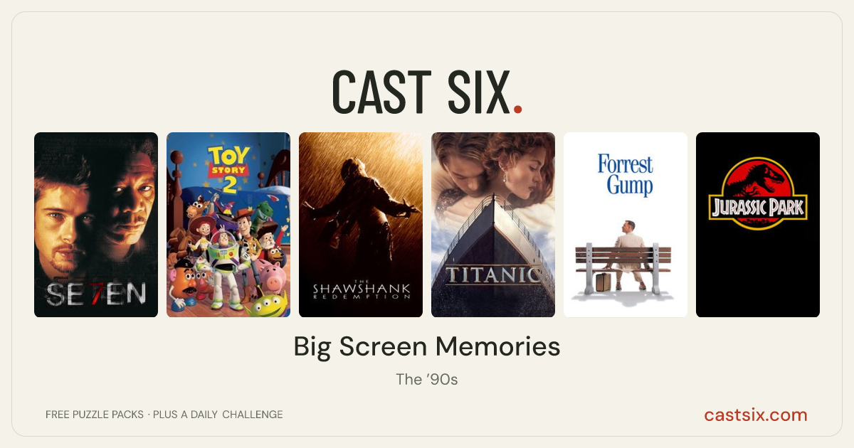 Big Screen Memories: a Cast Six movie puzzle. Six movie posters in a row: Se7en, Toy Story 2, The Shawshank Redemption, Titanic, Forrest Gump, Jurassic Park. Six movies, six categories, three checks. Free to play at castsix.com.