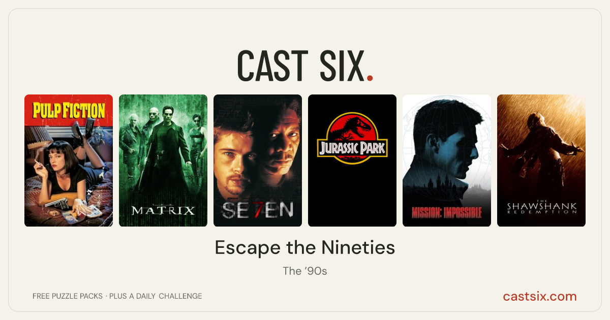 Escape the Nineties: a Cast Six movie puzzle. Six movie posters in a row: Pulp Fiction, The Matrix, Se7en, Jurassic Park, Mission: Impossible, The Shawshank Redemption. Six movies, six categories, three checks. Free to play at castsix.com.