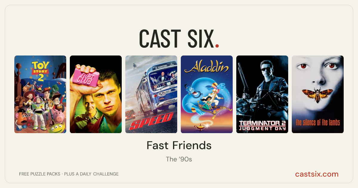 Fast Friends: a Cast Six movie puzzle. Six movie posters in a row: Toy Story 2, Fight Club, Speed, Aladdin, Terminator 2: Judgment Day, The Silence of the Lambs. Six movies, six categories, three checks. Free to play at castsix.com.