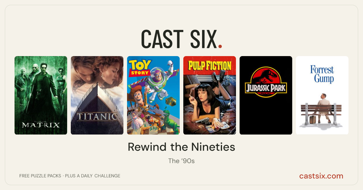 Rewind the Nineties: a Cast Six movie puzzle. Six movie posters in a row: The Matrix, Titanic, Toy Story, Pulp Fiction, Jurassic Park, Forrest Gump. Six movies, six categories, three checks. Free to play at castsix.com.