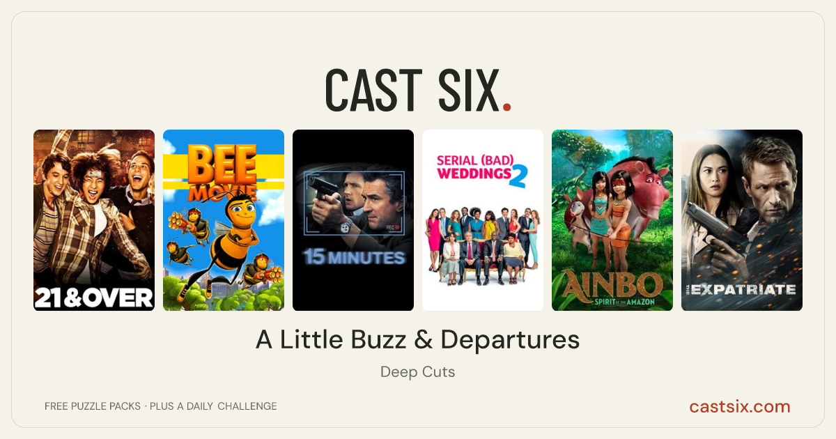 A Little Buzz & Departures: a Cast Six movie puzzle. Six movie posters in a row: 21 & Over, Bee Movie, 15 Minutes, Serial (Bad) Weddings 2, Ainbo: Spirit of the Amazon, Erased. Six movies, six categories, three checks. Free to play at castsix.com.