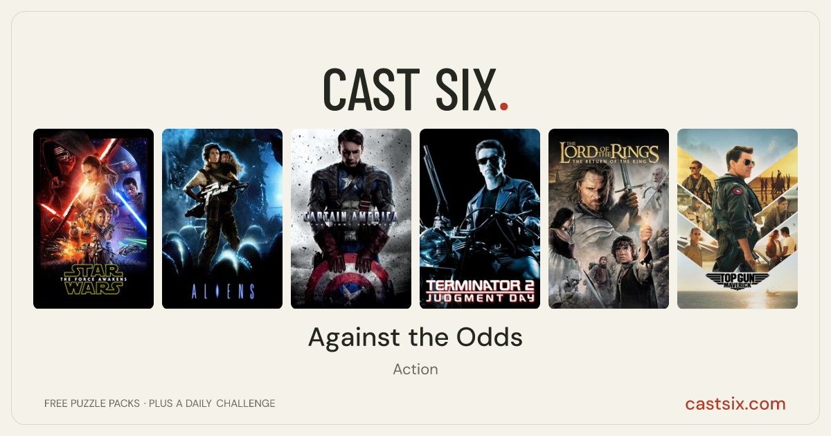 Against the Odds: a Cast Six movie puzzle. Six movie posters in a row: Star Wars: The Force Awakens, Aliens, Captain America: The First Avenger, Terminator 2: Judgment Day, The Lord of the Rings: The Return of the King, Top Gun: Maverick. Six movies, six categories, three checks. Free to play at castsix.com.