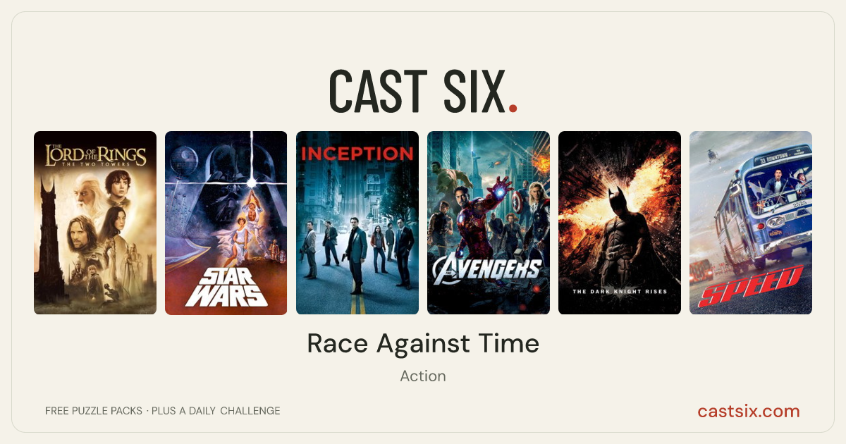 Race Against Time: a Cast Six movie puzzle. Six movie posters in a row: The Lord of the Rings: The Two Towers, Star Wars, Inception, The Avengers, The Dark Knight Rises, Speed. Six movies, six categories, three checks. Free to play at castsix.com.
