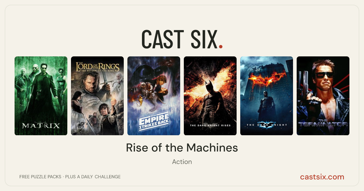 Rise of the Machines: a Cast Six movie puzzle. Six movie posters in a row: The Matrix, The Lord of the Rings: The Return of the King, The Empire Strikes Back, The Dark Knight Rises, The Dark Knight, The Terminator. Six movies, six categories, three checks. Free to play at castsix.com.