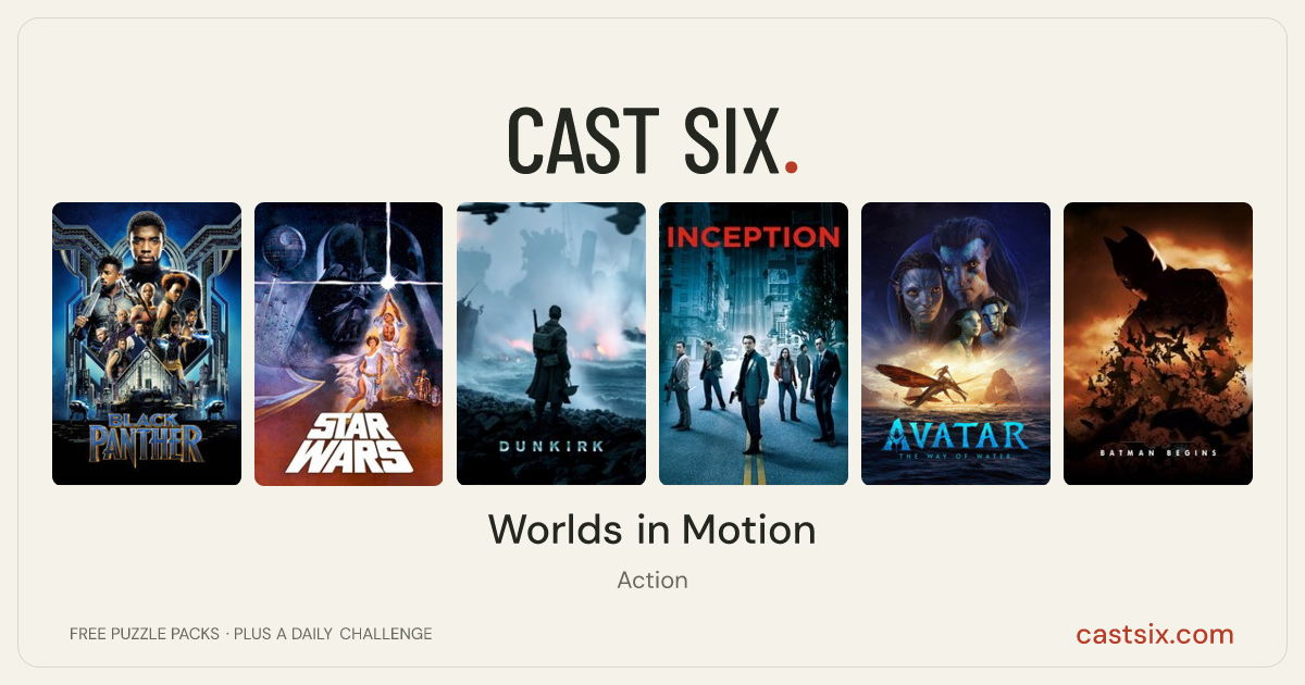 Worlds in Motion: a Cast Six movie puzzle. Six movie posters in a row: Black Panther, Star Wars, Dunkirk, Inception, Avatar: The Way of Water, Batman Begins. Six movies, six categories, three checks. Free to play at castsix.com.
