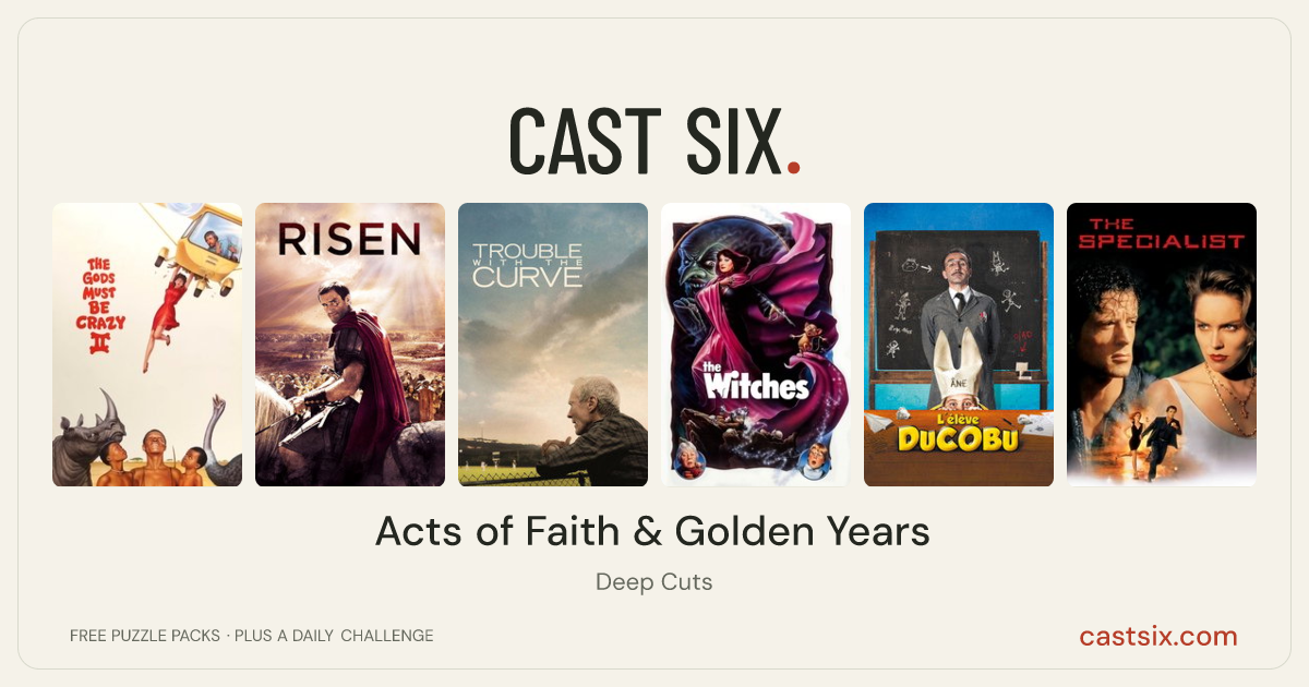 Acts of Faith & Golden Years: a Cast Six movie puzzle. Six movie posters in a row: The Gods Must Be Crazy II, Risen, Trouble with the Curve, The Witches, Ducoboo, The Specialist. Six movies, six categories, three checks. Free to play at castsix.com.