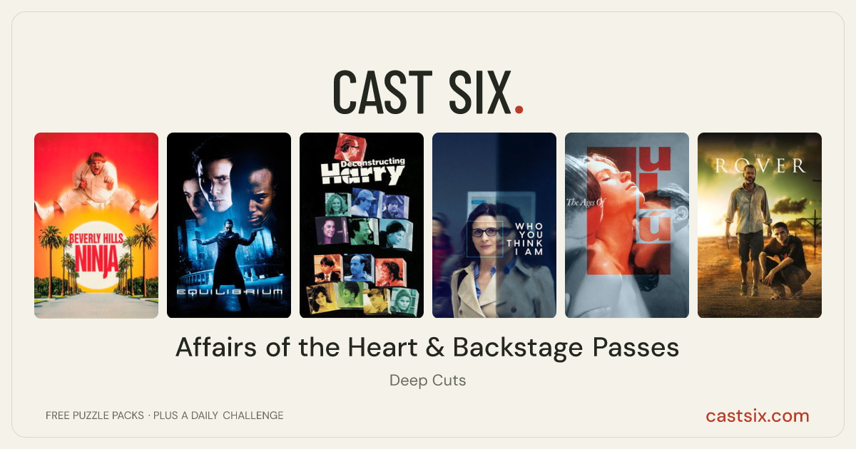Affairs of the Heart & Backstage Passes: a Cast Six movie puzzle. Six movie posters in a row: Beverly Hills Ninja, Equilibrium, Deconstructing Harry, Who You Think I Am, The Ages of Lulu, The Rover. Six movies, six categories, three checks. Free to play at castsix.com.