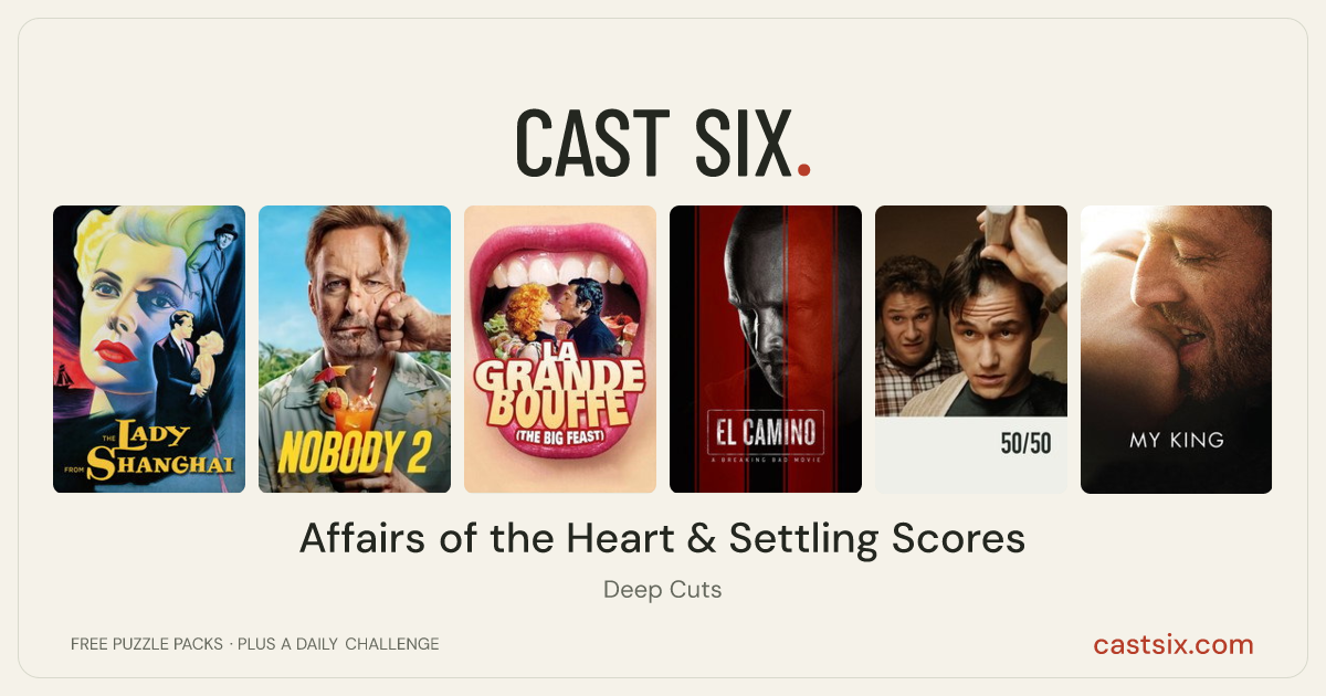 Affairs of the Heart & Settling Scores: a Cast Six movie puzzle. Six movie posters in a row: The Lady from Shanghai, Nobody 2, La Grande Bouffe, El Camino: A Breaking Bad Movie, 50/50, My King. Six movies, six categories, three checks. Free to play at castsix.com.