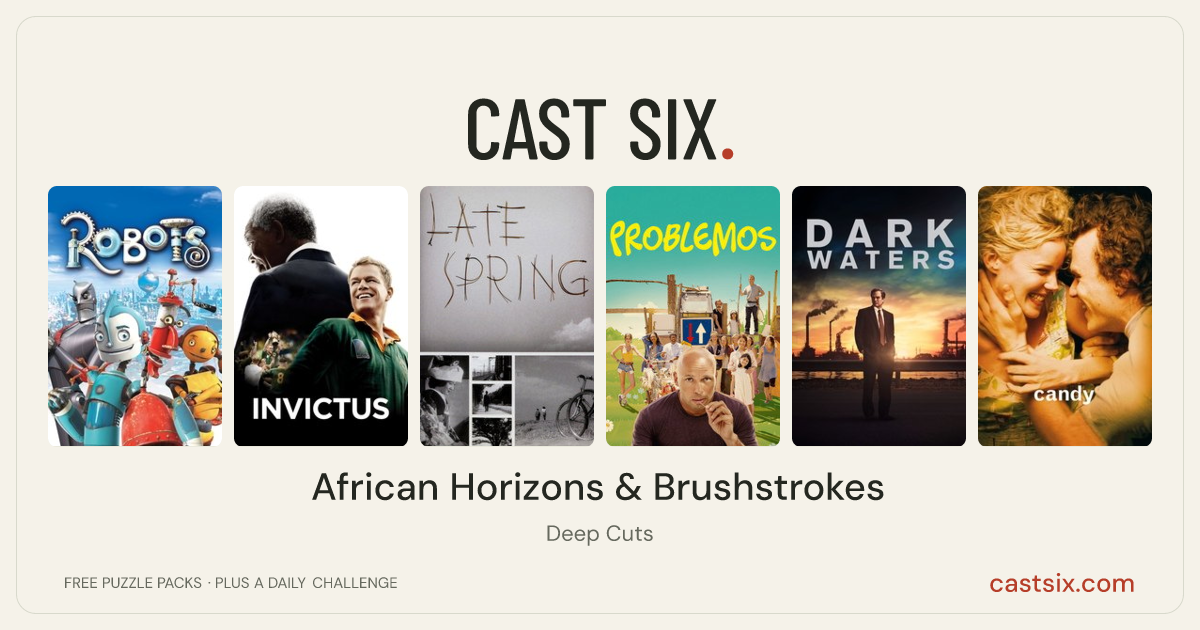 African Horizons & Brushstrokes: a Cast Six movie puzzle. Six movie posters in a row: Robots, Invictus, Late Spring, Problemos, Dark Waters, Candy. Six movies, six categories, three checks. Free to play at castsix.com.