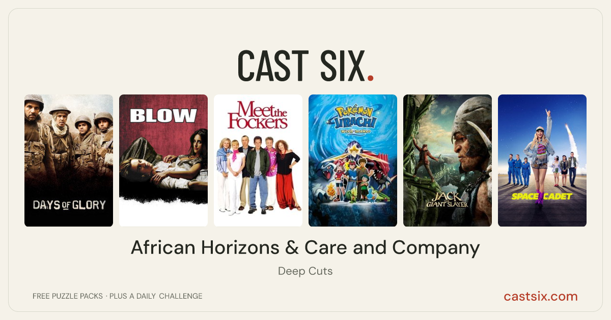 African Horizons & Care and Company: a Cast Six movie puzzle. Six movie posters in a row: Days of Glory, Blow, Meet the Fockers, Pokémon: Jirachi Wish Maker, Jack the Giant Slayer, Space Cadet. Six movies, six categories, three checks. Free to play at castsix.com.