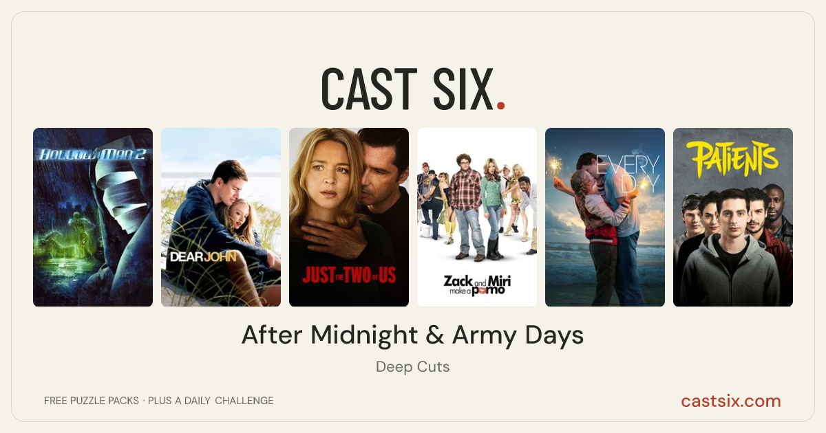 After Midnight & Army Days: a Cast Six movie puzzle. Six movie posters in a row: Hollow Man II, Dear John, Just the Two of Us, Zack and Miri Make a Porno, Every Day, Patients. Six movies, six categories, three checks. Free to play at castsix.com.
