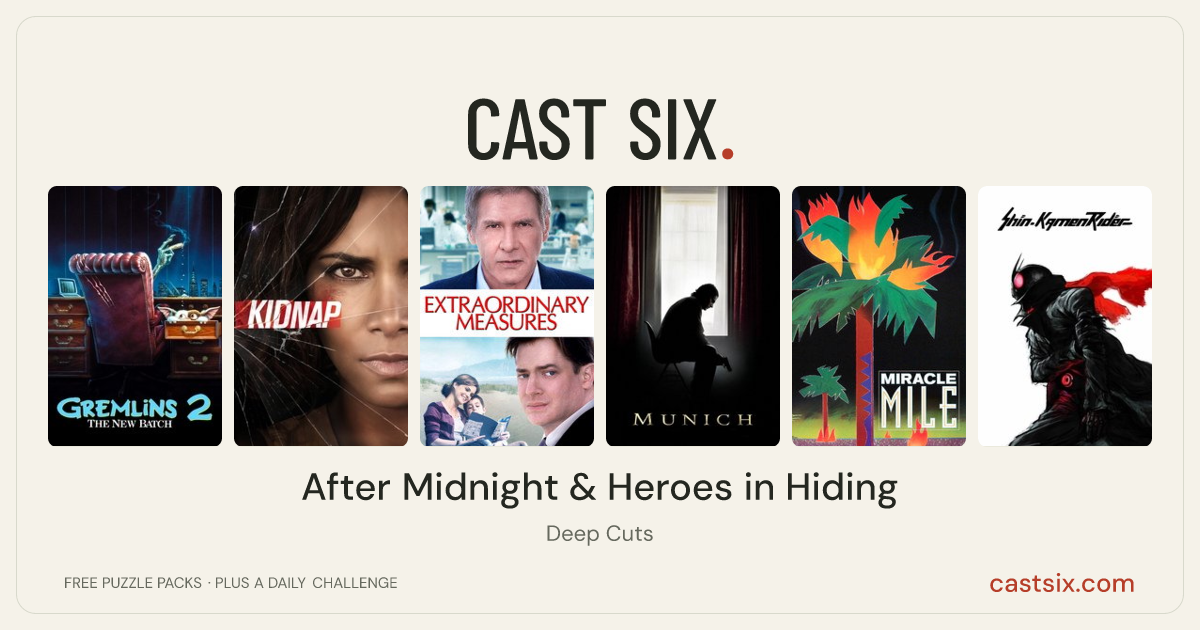 After Midnight & Heroes in Hiding: a Cast Six movie puzzle. Six movie posters in a row: Gremlins 2: The New Batch, Kidnap, Extraordinary Measures, Munich, Miracle Mile, Shin Kamen Rider. Six movies, six categories, three checks. Free to play at castsix.com.
