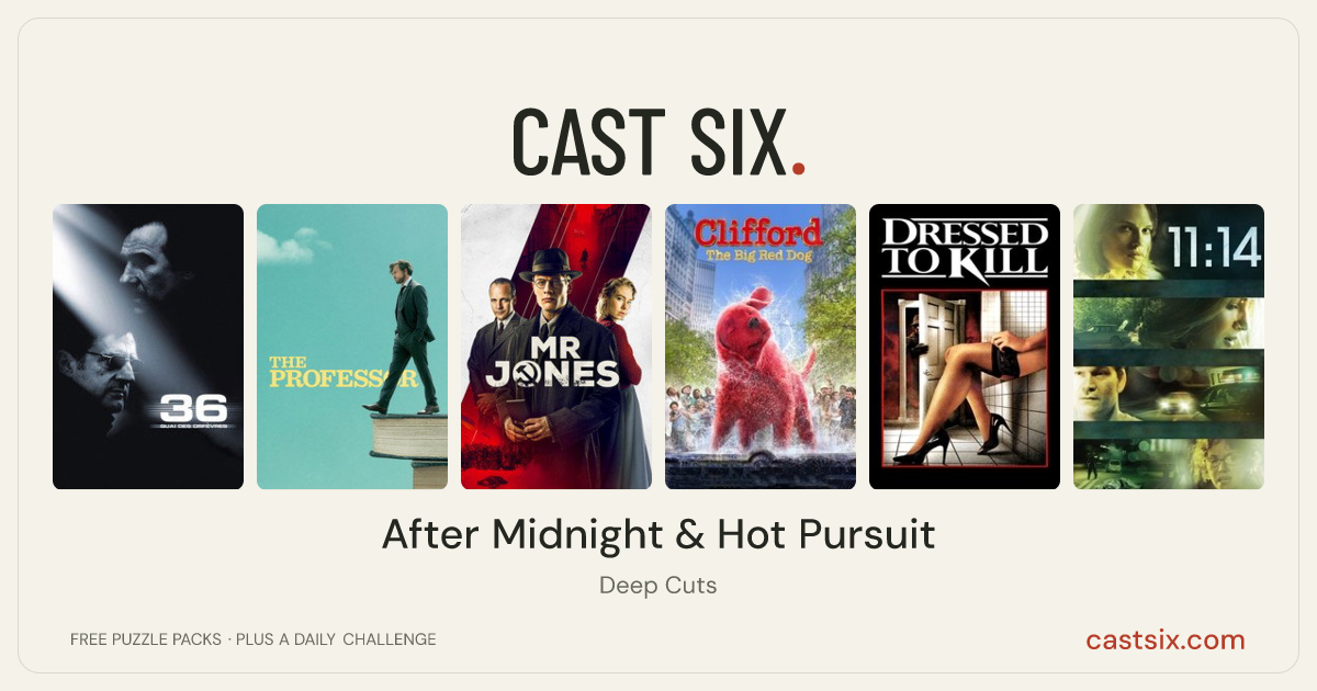 After Midnight & Hot Pursuit: a Cast Six movie puzzle. Six movie posters in a row: 36th Precinct, The Professor, Mr. Jones, Clifford the Big Red Dog, Dressed to Kill, 11:14. Six movies, six categories, three checks. Free to play at castsix.com.