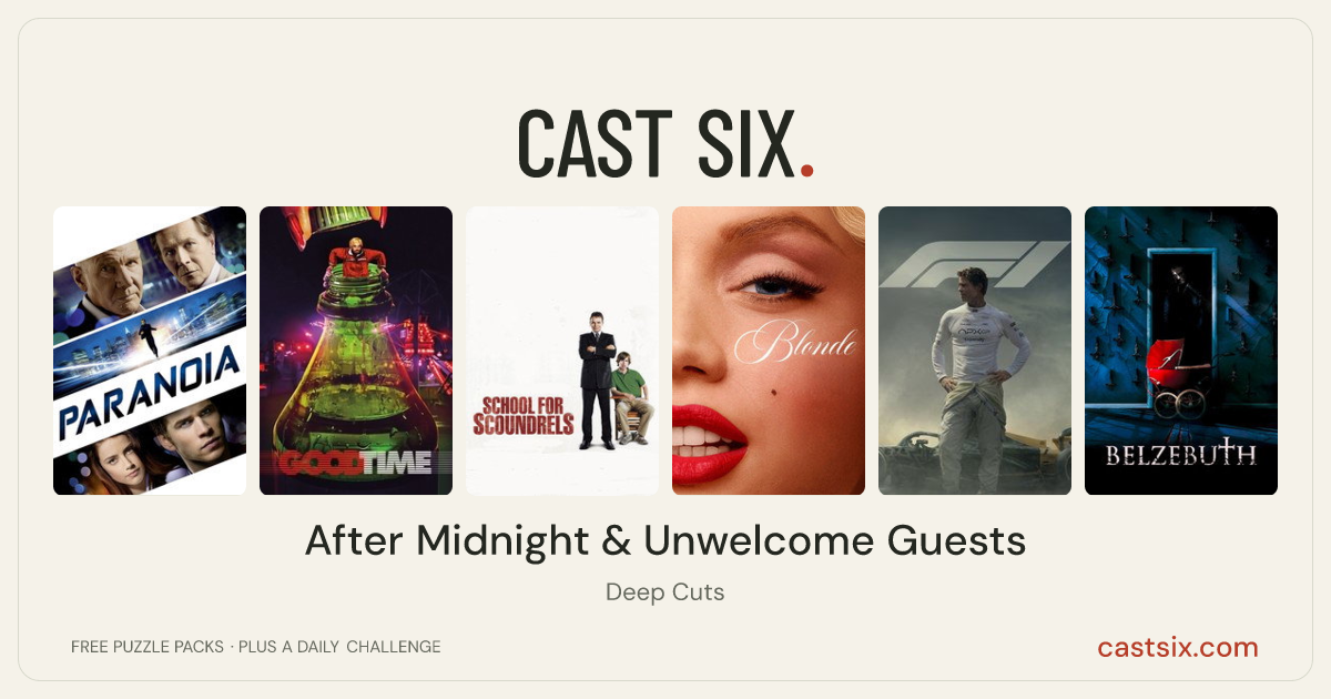 After Midnight & Unwelcome Guests: a Cast Six movie puzzle. Six movie posters in a row: Paranoia, Good Time, School for Scoundrels, Blonde, F1, Belzebuth. Six movies, six categories, three checks. Free to play at castsix.com.