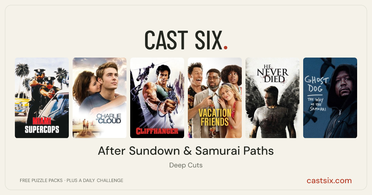 After Sundown & Samurai Paths: a Cast Six movie puzzle. Six movie posters in a row: Miami Supercops, Charlie St. Cloud, Cliffhanger, Vacation Friends, He Never Died, Ghost Dog: The Way of the Samurai. Six movies, six categories, three checks. Free to play at castsix.com.