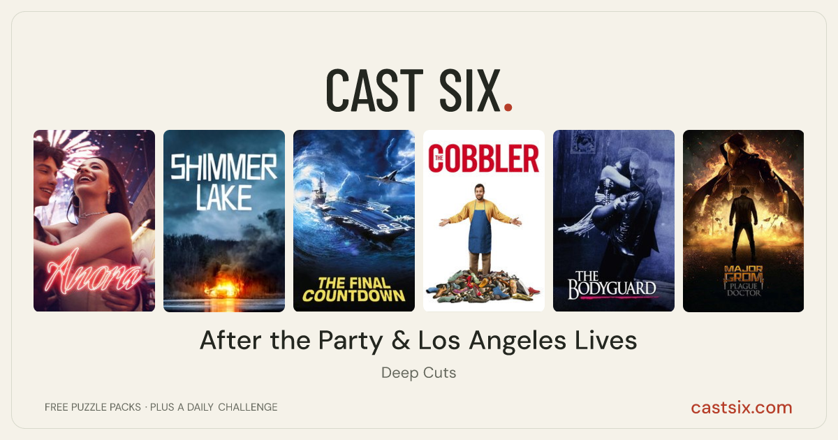 After the Party & Los Angeles Lives: a Cast Six movie puzzle. Six movie posters in a row: Anora, Shimmer Lake, The Final Countdown, The Cobbler, The Bodyguard, Major Grom: Plague Doctor. Six movies, six categories, three checks. Free to play at castsix.com.