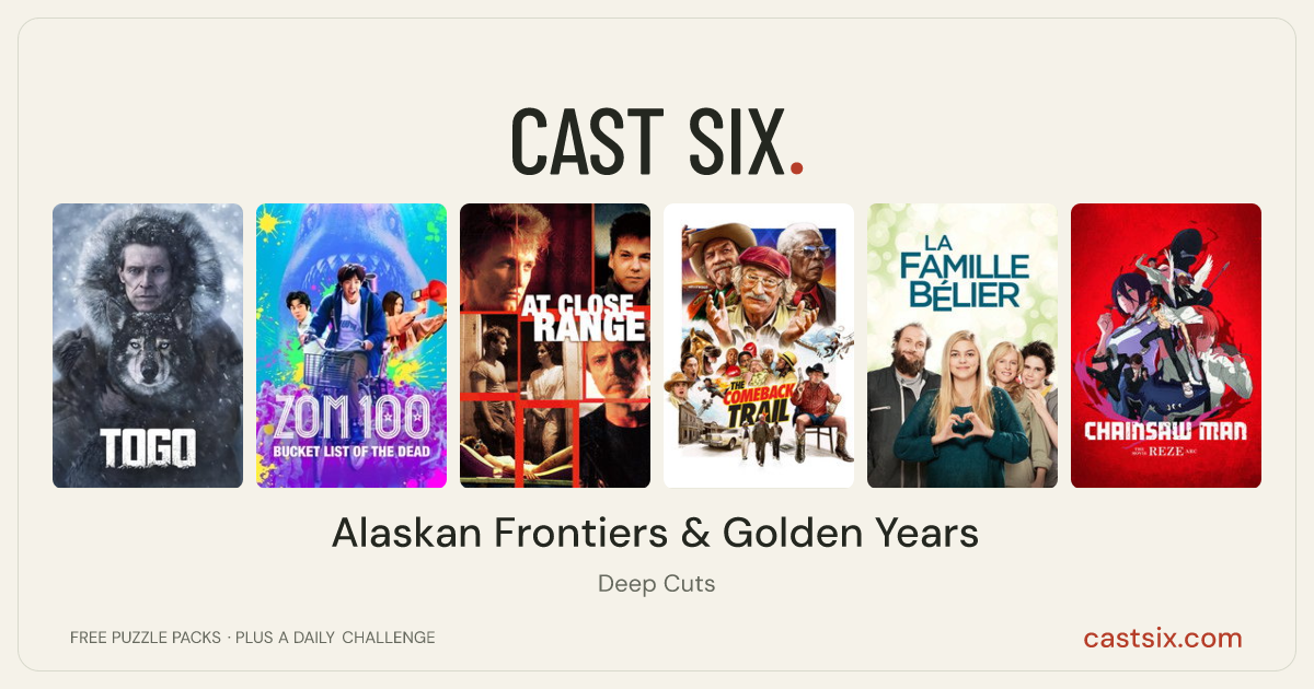 Alaskan Frontiers & Golden Years: a Cast Six movie puzzle. Six movie posters in a row: Togo, Zom 100: Bucket List of the Dead, At Close Range, The Comeback Trail, The Bélier Family, Chainsaw Man - The Movie: Reze Arc. Six movies, six categories, three checks. Free to play at castsix.com.