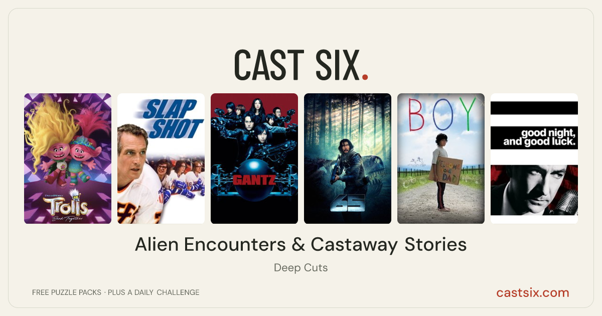Alien Encounters & Castaway Stories: a Cast Six movie puzzle. Six movie posters in a row: Trolls Band Together, Slap Shot, Gantz, 65, Boy, Good Night, and Good Luck.. Six movies, six categories, three checks. Free to play at castsix.com.