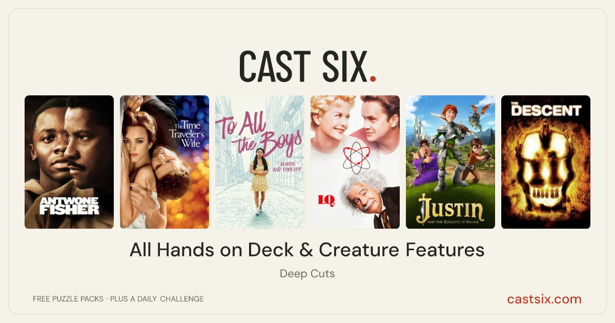 All Hands on Deck & Creature Features: a Cast Six movie puzzle. Six movie posters in a row: Antwone Fisher, The Time Traveler's Wife, To All the Boys: Always and Forever, I.Q., Justin and the Knights of Valour, The Descent. Six movies, six categories, three checks. Free to play at castsix.com.