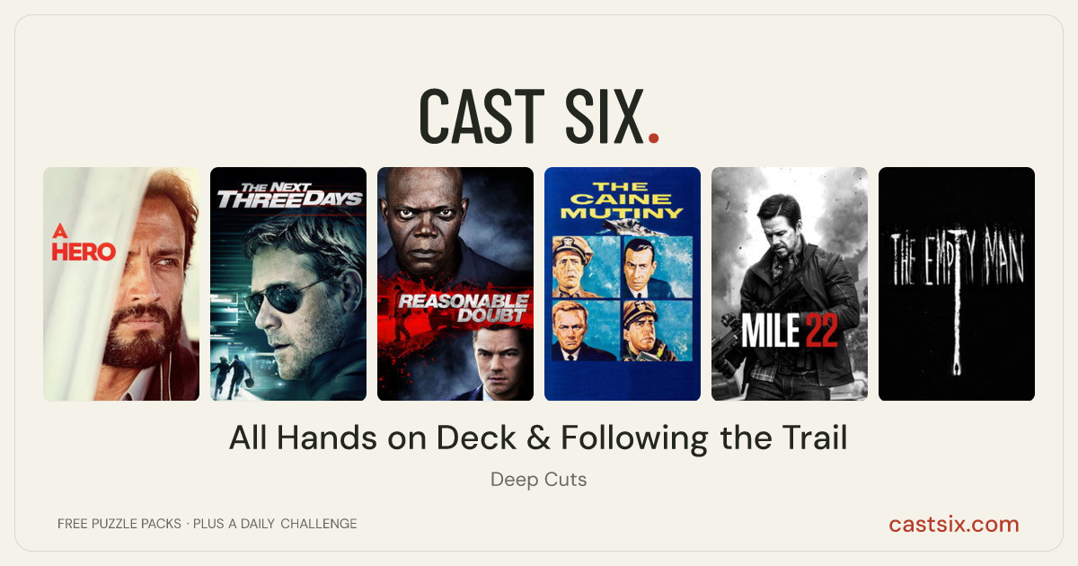 All Hands on Deck & Following the Trail: a Cast Six movie puzzle. Six movie posters in a row: A Hero, The Next Three Days, Reasonable Doubt, The Caine Mutiny, Mile 22, The Empty Man. Six movies, six categories, three checks. Free to play at castsix.com.