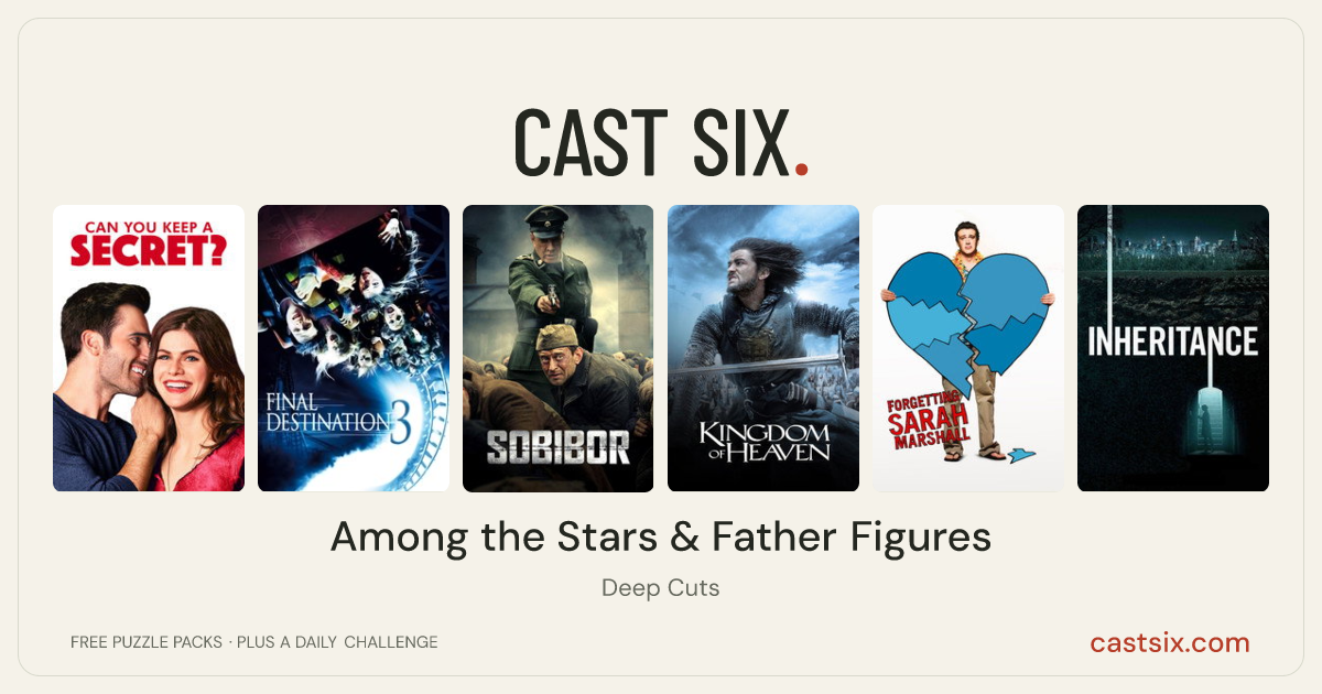 Among the Stars & Father Figures: a Cast Six movie puzzle. Six movie posters in a row: Can You Keep a Secret?, Final Destination 3, Sobibor, Kingdom of Heaven, Forgetting Sarah Marshall, Inheritance. Six movies, six categories, three checks. Free to play at castsix.com.