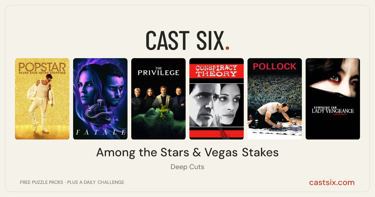 Among the Stars & Vegas Stakes: a Cast Six movie puzzle. Six movie posters in a row: Popstar: Never Stop Never Stopping, Fatale, The Privilege, Conspiracy Theory, Pollock, Lady Vengeance. Six movies, six categories, three checks. Free to play at castsix.com.