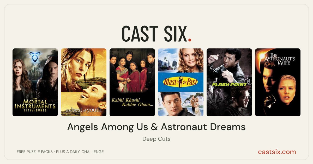 Angels Among Us & Astronaut Dreams: a Cast Six movie puzzle. Six movie posters in a row: The Mortal Instruments: City of Bones, The Best of Youth, Kabhi Khushi Kabhie Gham, Blast from the Past, Flash Point, The Astronaut's Wife. Six movies, six categories, three checks. Free to play at castsix.com.