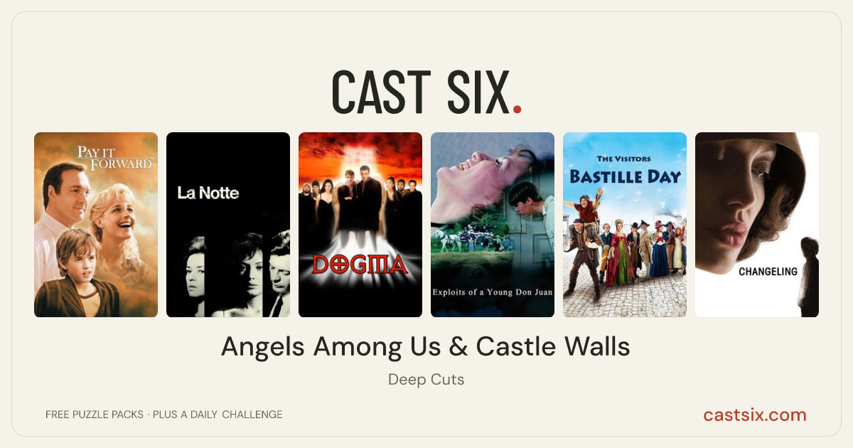 Angels Among Us & Castle Walls: a Cast Six movie puzzle. Six movie posters in a row: Pay It Forward, La Notte, Dogma, Exploits of a Young Don Juan, The Visitors: Bastille Day, Changeling. Six movies, six categories, three checks. Free to play at castsix.com.