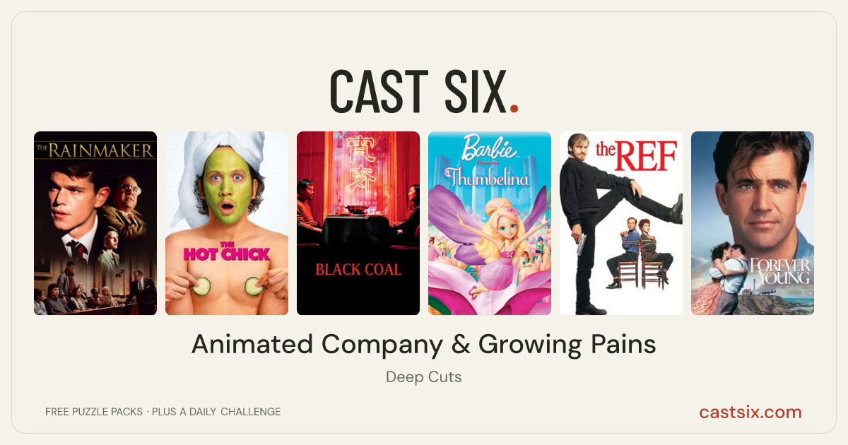 Animated Company & Growing Pains: a Cast Six movie puzzle. Six movie posters in a row: The Rainmaker, The Hot Chick, Black Coal, Thin Ice, Barbie Presents: Thumbelina, The Ref, Forever Young. Six movies, six categories, three checks. Free to play at castsix.com.