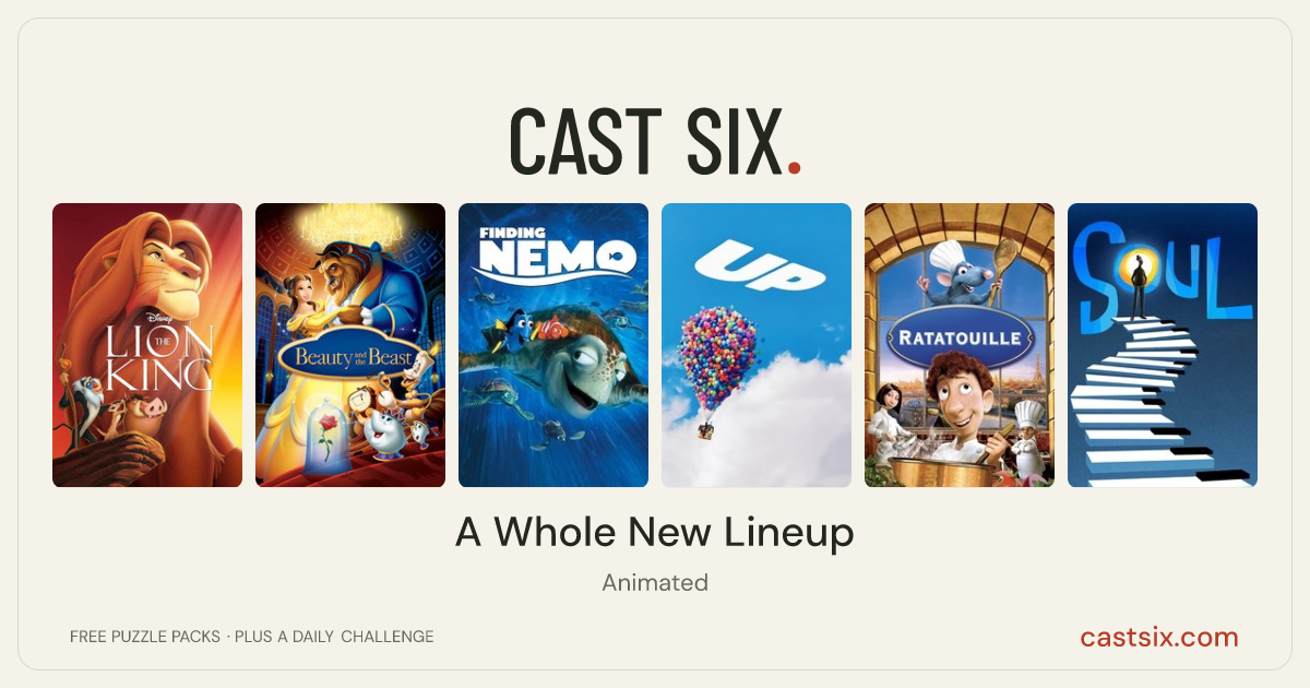 A Whole New Lineup: a Cast Six movie puzzle. Six movie posters in a row: The Lion King, Beauty and the Beast, Finding Nemo, Up, Ratatouille, Soul. Six movies, six categories, three checks. Free to play at castsix.com.