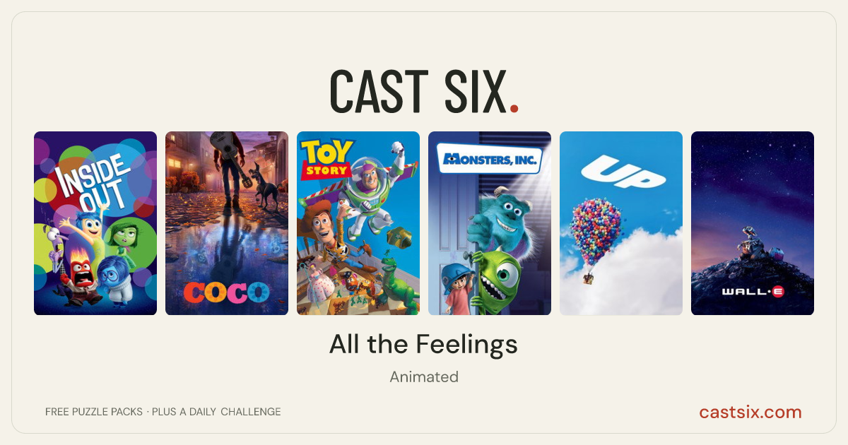 All the Feelings: a Cast Six movie puzzle. Six movie posters in a row: Inside Out, Coco, Toy Story, Monsters, Inc., Up, WALL·E. Six movies, six categories, three checks. Free to play at castsix.com.