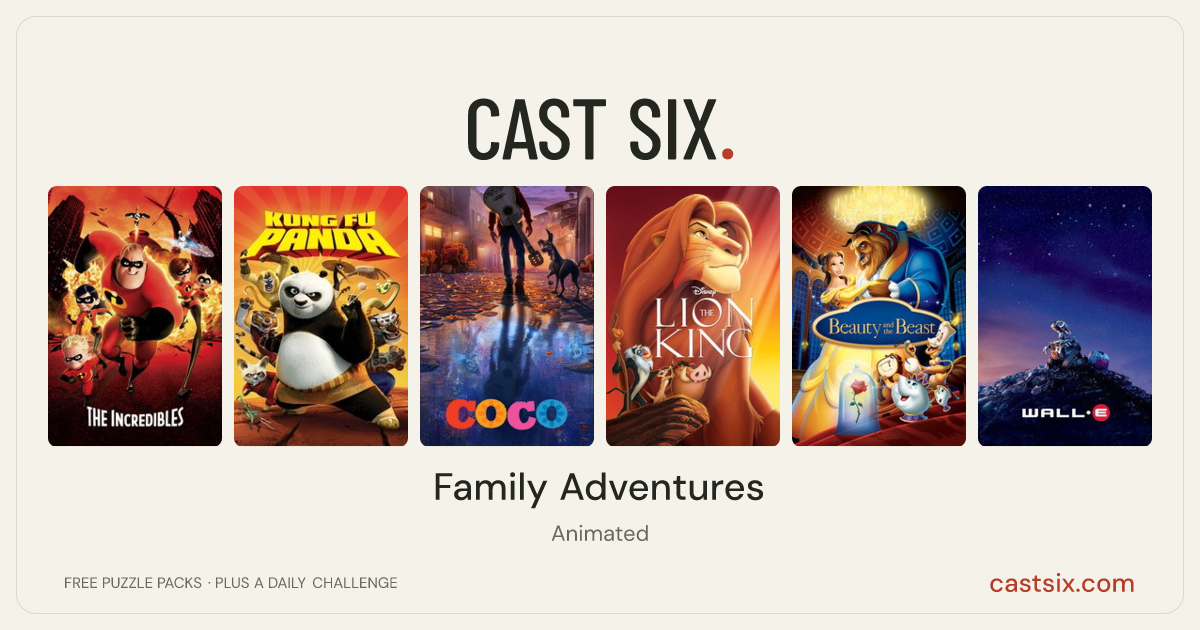 Family Adventures: a Cast Six movie puzzle. Six movie posters in a row: The Incredibles, Kung Fu Panda, Coco, The Lion King, Beauty and the Beast, WALL·E. Six movies, six categories, three checks. Free to play at castsix.com.
