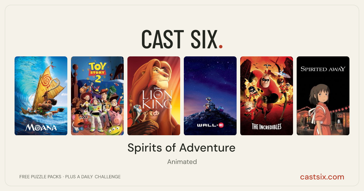 Spirits of Adventure: a Cast Six movie puzzle. Six movie posters in a row: Moana, Toy Story 2, The Lion King, WALL·E, The Incredibles, Spirited Away. Six movies, six categories, three checks. Free to play at castsix.com.