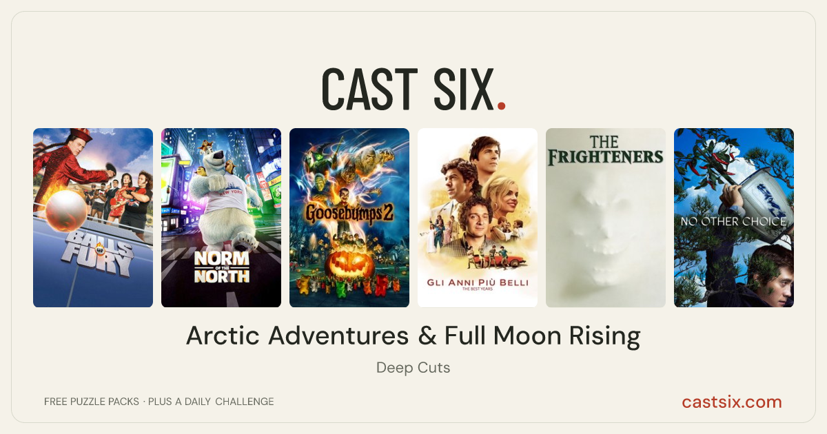 Arctic Adventures & Full Moon Rising: a Cast Six movie puzzle. Six movie posters in a row: Balls of Fury, Norm of the North, Goosebumps 2: Haunted Halloween, The Best Years, The Frighteners, No Other Choice. Six movies, six categories, three checks. Free to play at castsix.com.