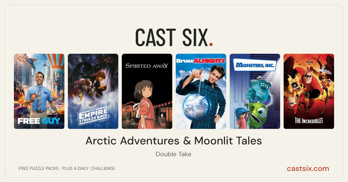 Arctic Adventures & Moonlit Tales: a Cast Six movie puzzle. Six movie posters in a row: Free Guy, The Empire Strikes Back, Spirited Away, Bruce Almighty, Monsters, Inc., The Incredibles. Six movies, six categories, three checks. Free to play at castsix.com.
