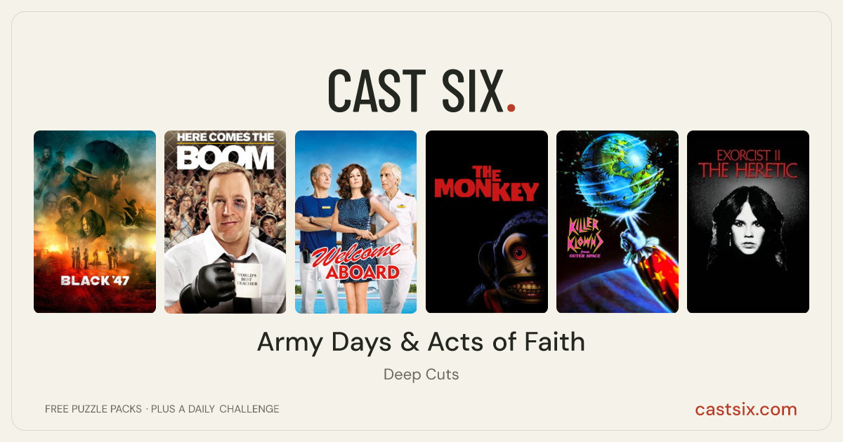 Army Days & Acts of Faith: a Cast Six movie puzzle. Six movie posters in a row: Black '47, Here Comes the Boom, Welcome Aboard, The Monkey, Killer Klowns from Outer Space, Exorcist II: The Heretic. Six movies, six categories, three checks. Free to play at castsix.com.