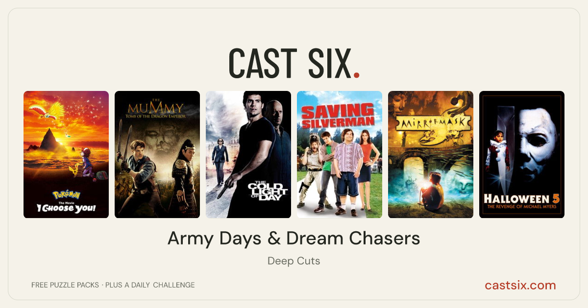 Army Days & Dream Chasers: a Cast Six movie puzzle. Six movie posters in a row: Pokémon the Movie: I Choose You!, The Mummy: Tomb of the Dragon Emperor, The Cold Light of Day, Saving Silverman, MirrorMask, Halloween 5: The Revenge of Michael Myers. Six movies, six categories, three checks. Free to play at castsix.com.