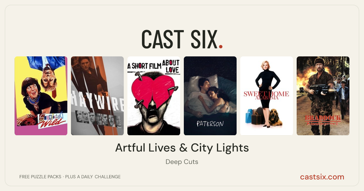 Artful Lives & City Lights: a Cast Six movie puzzle. Six movie posters in a row: Something Wild, Haywire, A Short Film About Love, Paterson, Sweet Home Alabama, Braddock: Missing in Action III. Six movies, six categories, three checks. Free to play at castsix.com.