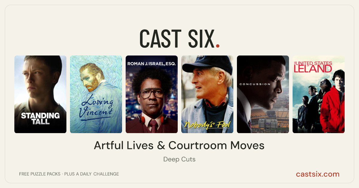 Artful Lives & Courtroom Moves: a Cast Six movie puzzle. Six movie posters in a row: Standing Tall, Loving Vincent, Roman J. Israel, Esq., Nobody's Fool, Concussion, The United States of Leland. Six movies, six categories, three checks. Free to play at castsix.com.
