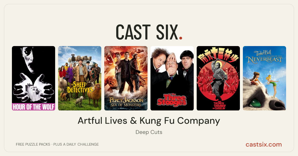Artful Lives & Kung Fu Company: a Cast Six movie puzzle. Six movie posters in a row: Hour of the Wolf, The Sheep Detectives, Percy Jackson: Sea of Monsters, The Three Stooges, The 36th Chamber of Shaolin, Tinker Bell and the Legend of the NeverBeast. Six movies, six categories, three checks. Free to play at castsix.com.