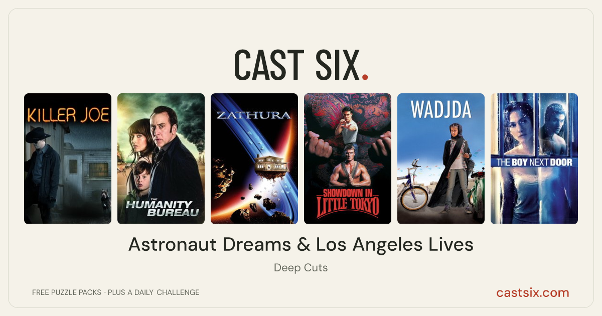 Astronaut Dreams & Los Angeles Lives: a Cast Six movie puzzle. Six movie posters in a row: Killer Joe, The Humanity Bureau, Zathura: A Space Adventure, Showdown in Little Tokyo, Wadjda, The Boy Next Door. Six movies, six categories, three checks. Free to play at castsix.com.