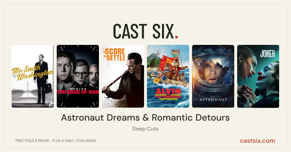 Astronaut Dreams & Romantic Detours: a Cast Six movie puzzle. Six movie posters in a row: Mr. Smith Goes to Washington, Munich - The Edge of War, A Score to Settle, Alvin and the Chipmunks: Chipwrecked, The Astronaut, Joker: Folie à Deux. Six movies, six categories, three checks. Free to play at castsix.com.