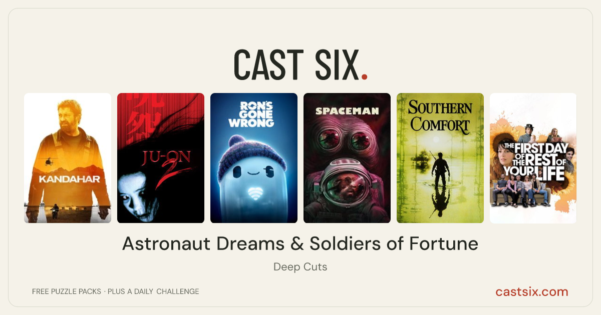 Astronaut Dreams & Soldiers of Fortune: a Cast Six movie puzzle. Six movie posters in a row: Kandahar, Ju-on: The Grudge 2, Ron's Gone Wrong, Spaceman, Southern Comfort, The First Day of the Rest of Your Life. Six movies, six categories, three checks. Free to play at castsix.com.