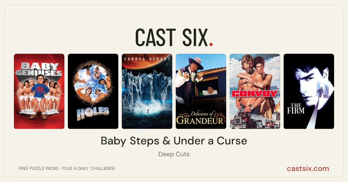Baby Steps & Under a Curse: a Cast Six movie puzzle. Six movie posters in a row: Baby Geniuses, Holes, Europa Report, Delusions of Grandeur, Convoy, The Firm. Six movies, six categories, three checks. Free to play at castsix.com.