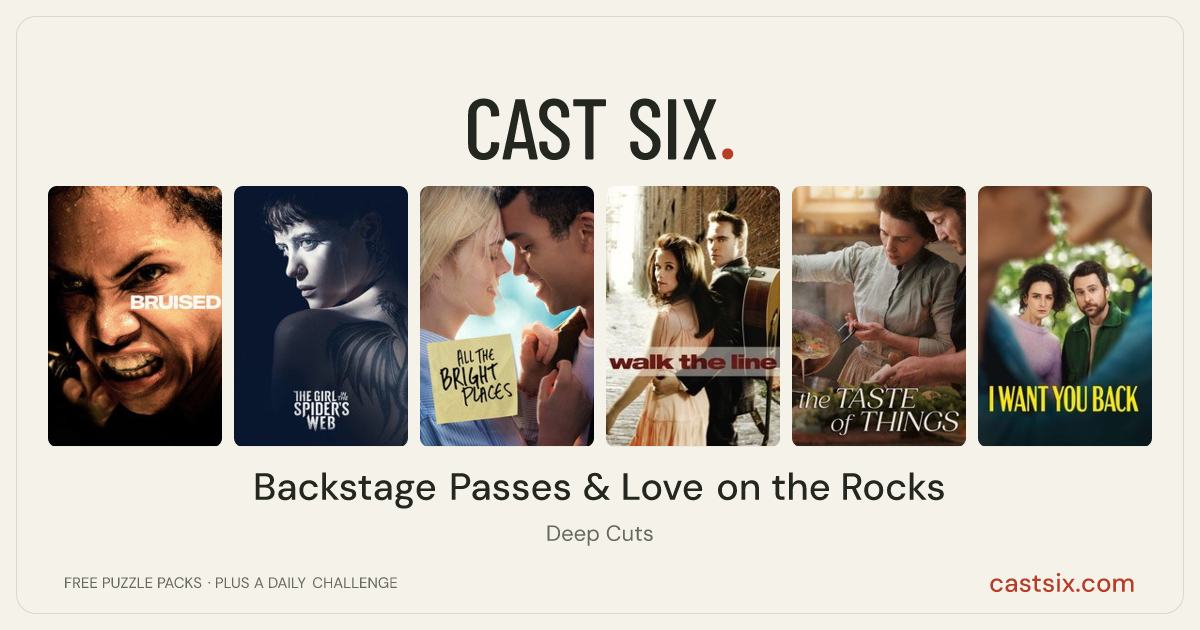 Backstage Passes & Love on the Rocks: a Cast Six movie puzzle. Six movie posters in a row: Bruised, The Girl in the Spider's Web, All the Bright Places, Walk the Line, The Taste of Things, I Want You Back. Six movies, six categories, three checks. Free to play at castsix.com.